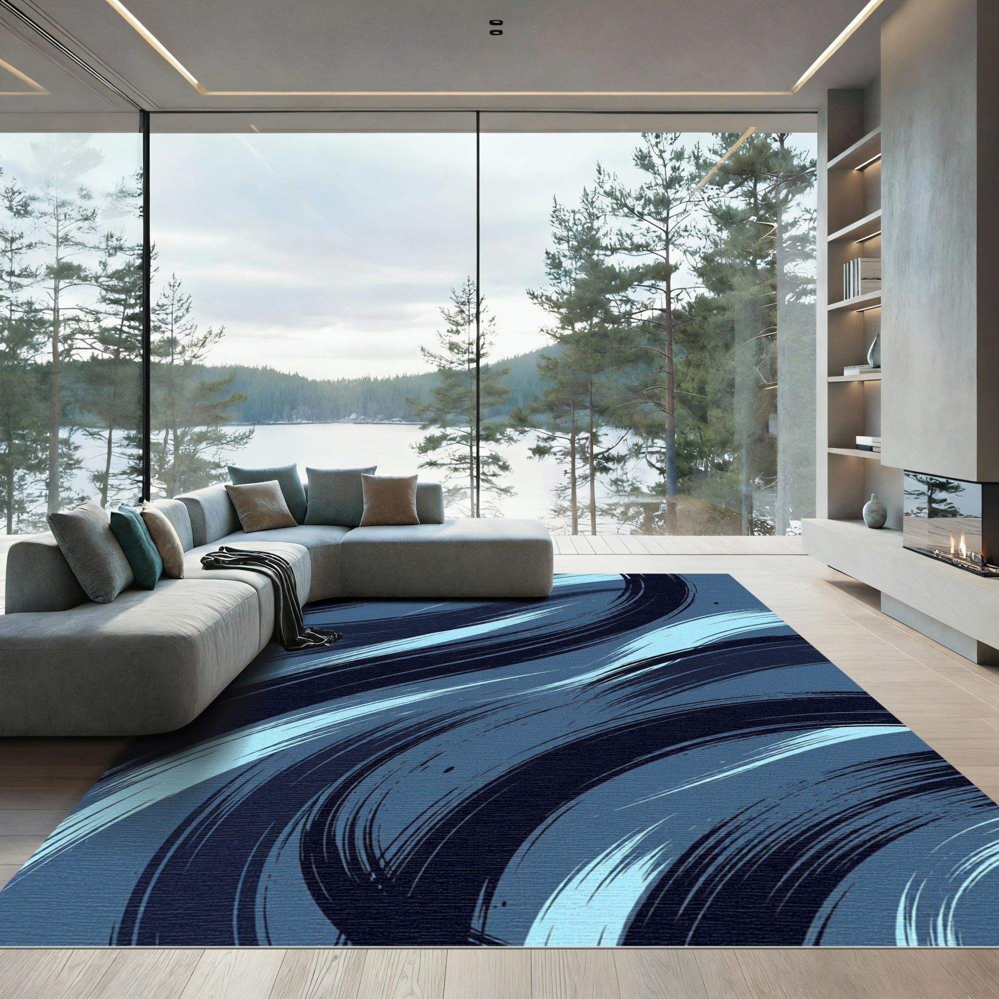Modern Navy And Sky Blue Swirl Rug