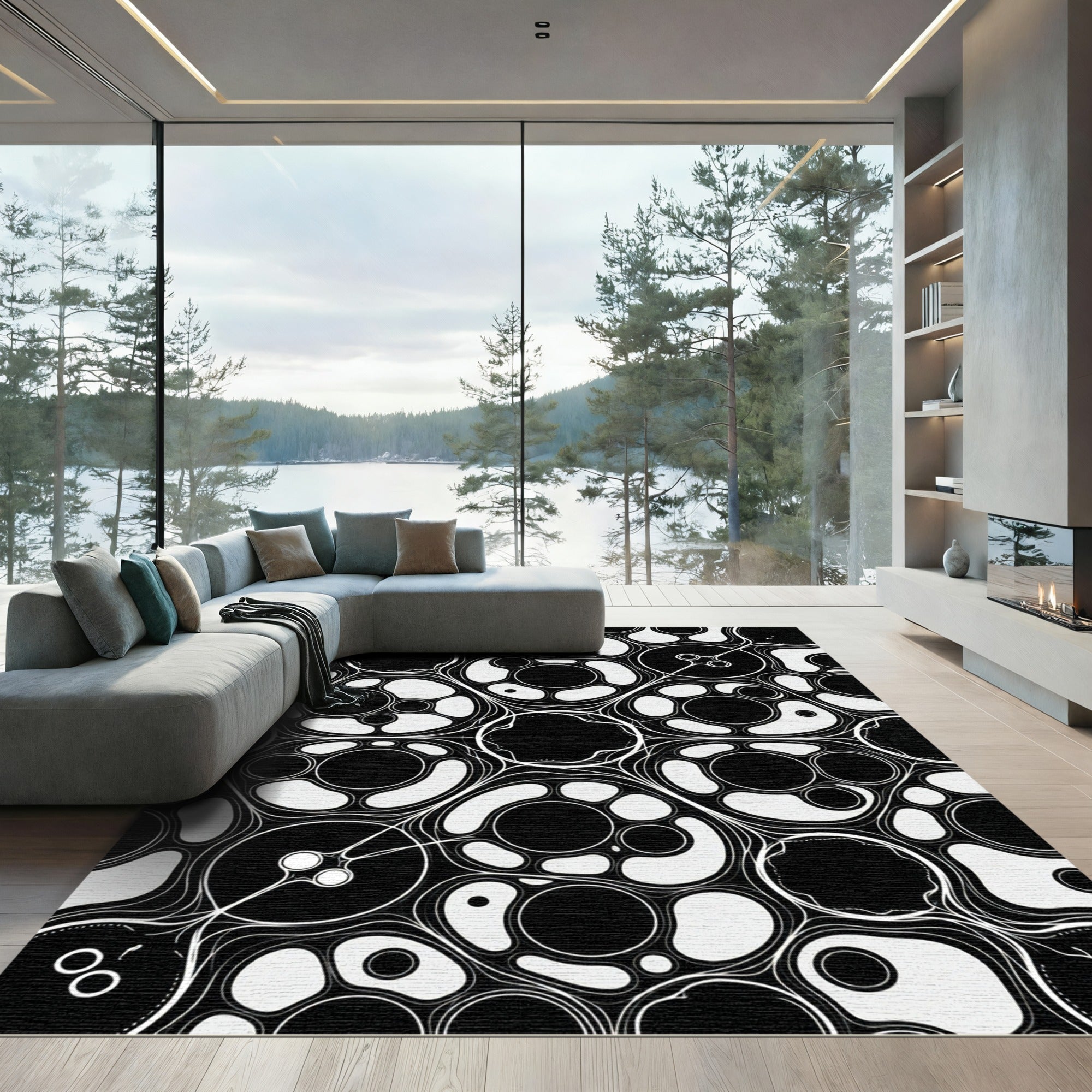 Monochromatic Organic Abstract Flowing Circle Rug