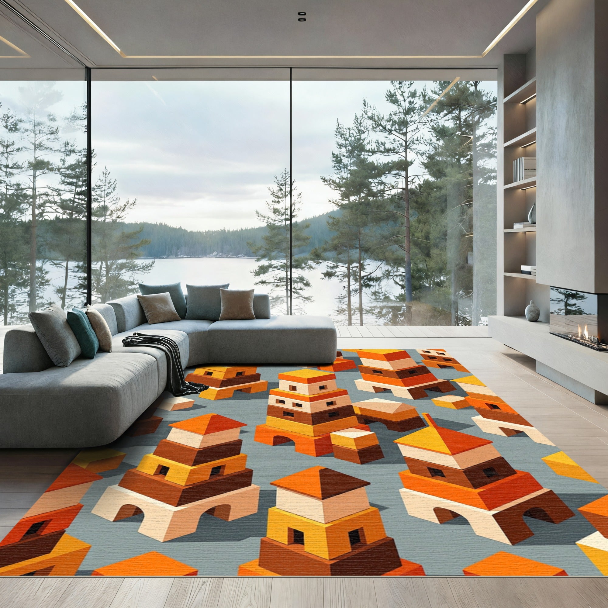 Geometric Ochre and Amber Block Towers Rug