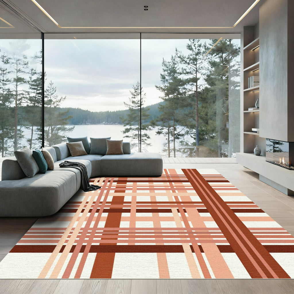 Terracotta Red Cream Plaid Lines Rug