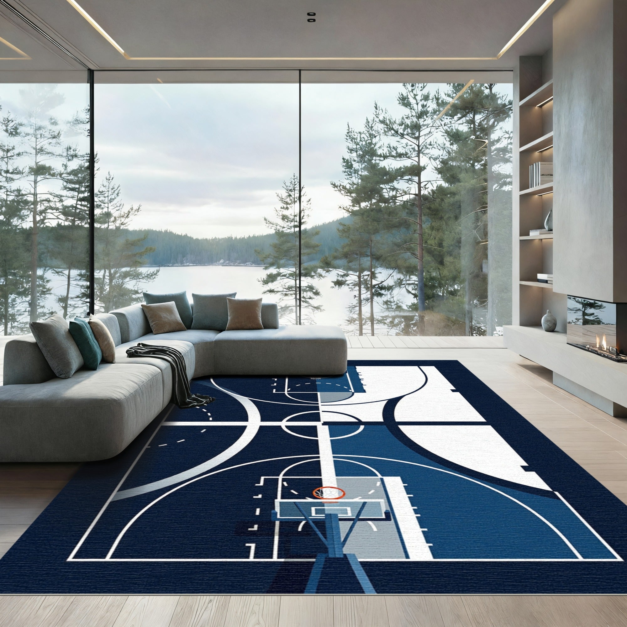 Minimalist Blue Abstract Basketball Court Rug