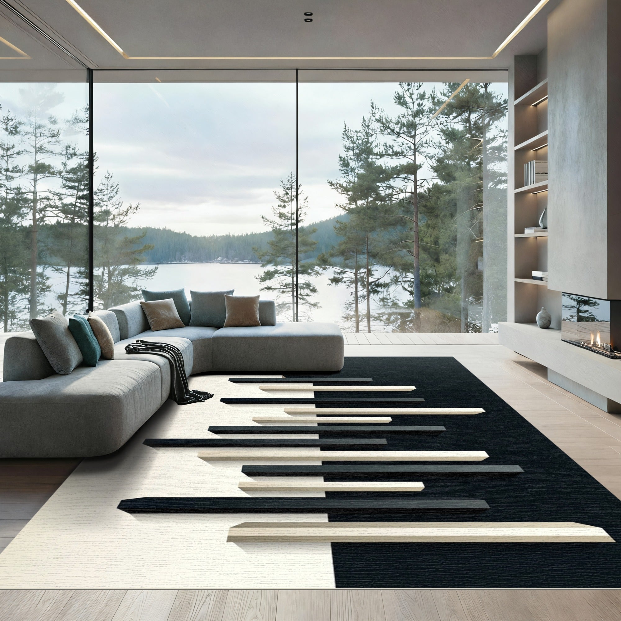 Minimalist Monochrome Geometric Layered Stripe Rug