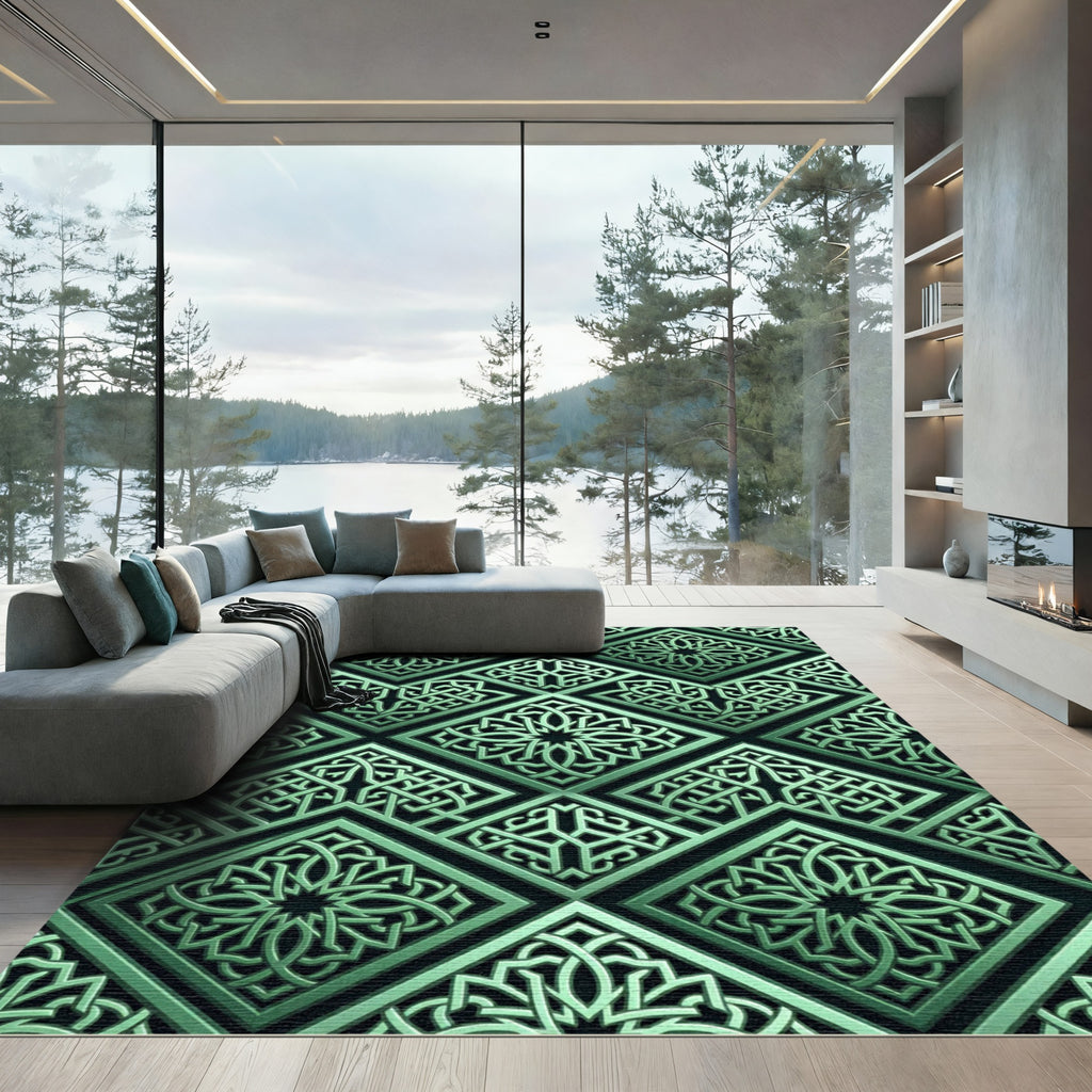 Intricate Emerald Geometric Interlocking Lattice Rug
