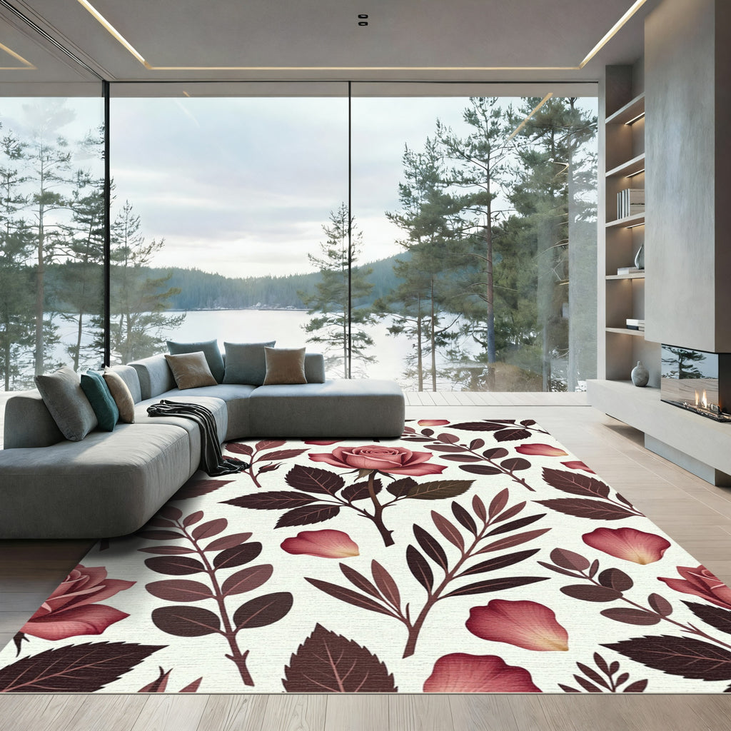 Mauve Rose Botanical Floral Pattern Rug
