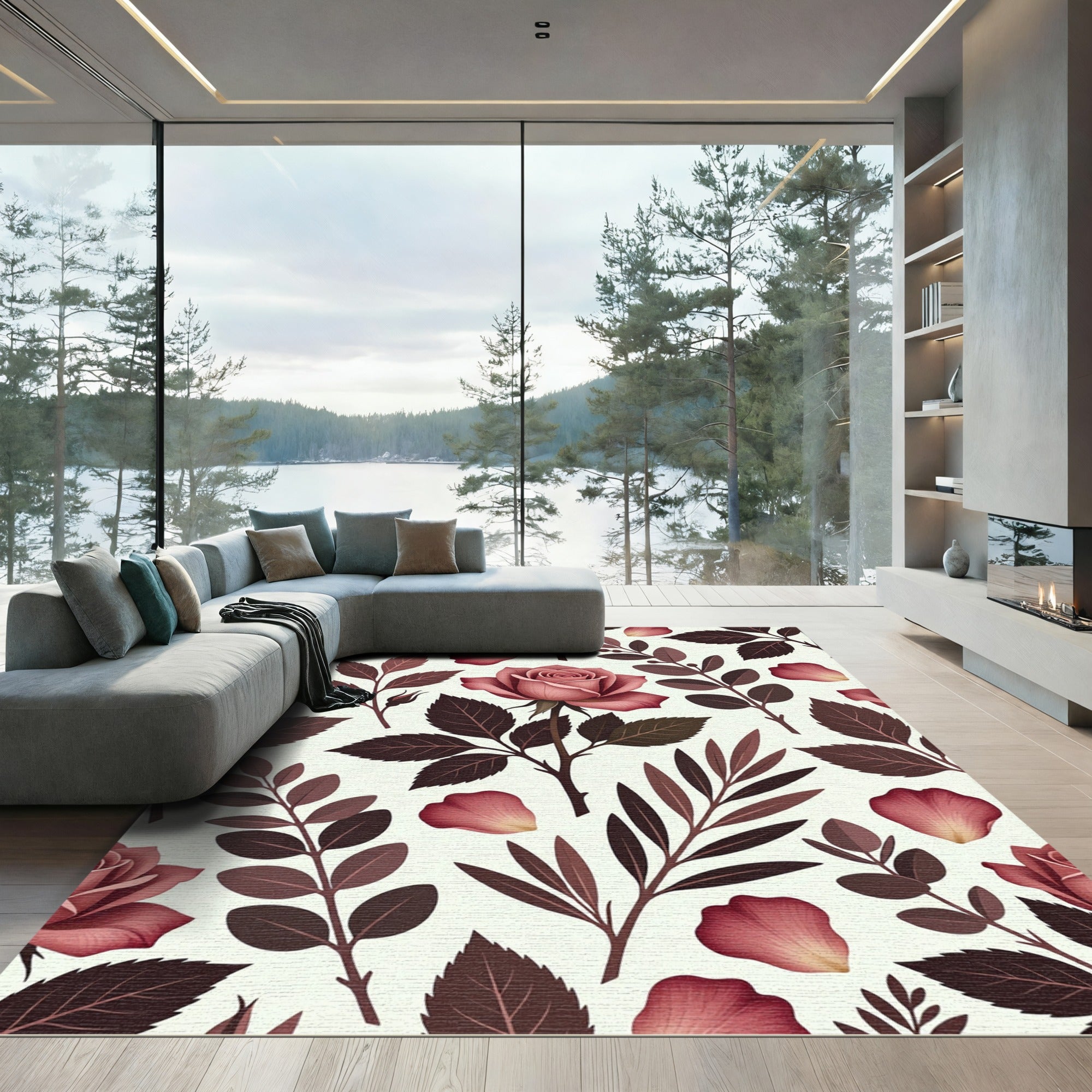 Mauve Rose Botanical Floral Pattern Rug
