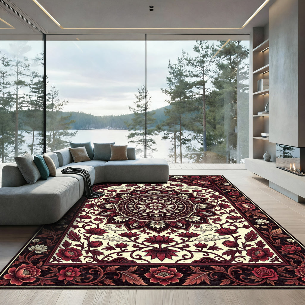 Crimson Floral Medallion Lotus Art Rug