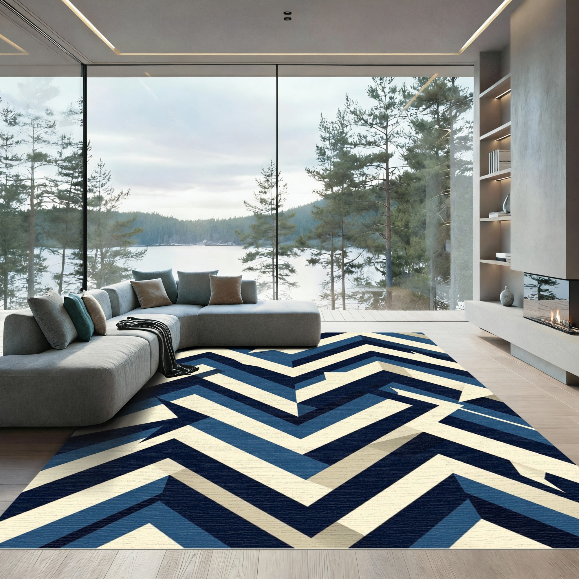 Geometric Navy and Ivory Chevron Rug