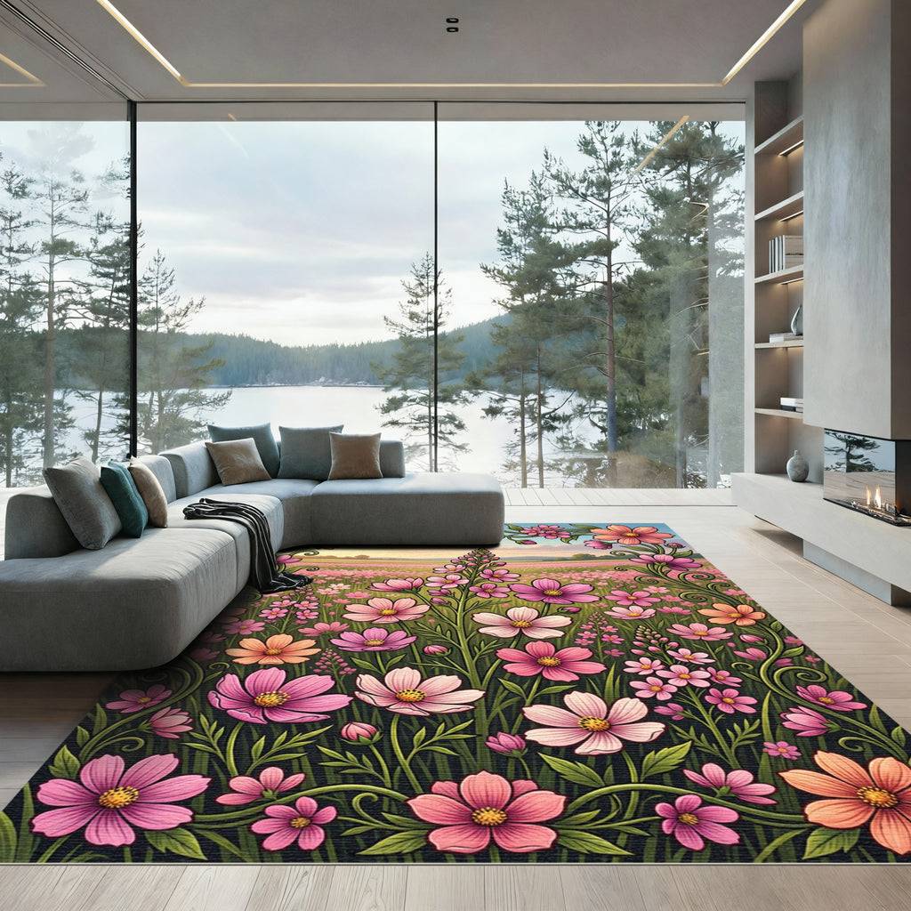 Pink Floral Meadow Art Rug