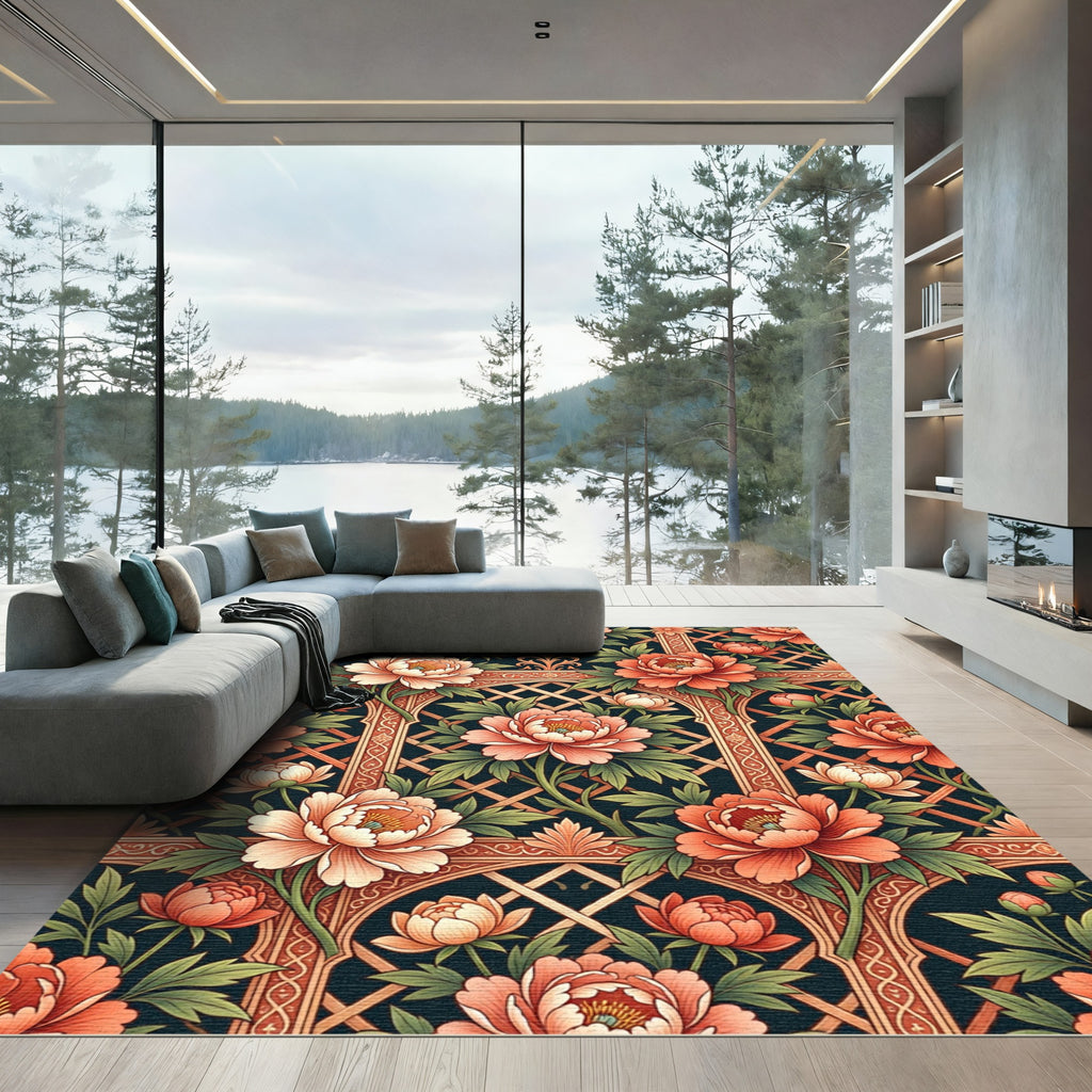 Coral Peach Peony Garden Lattice Rug