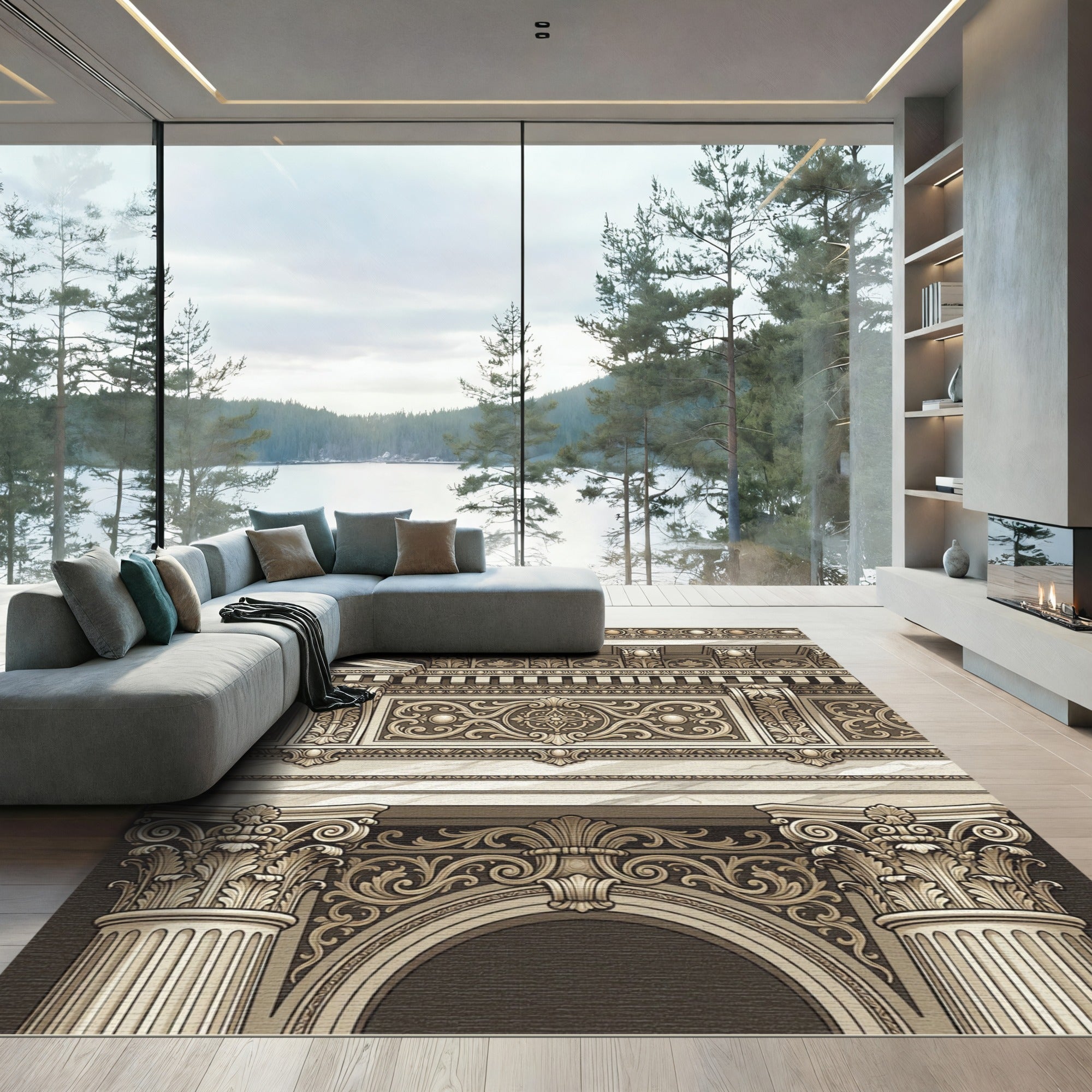 Ornate Frieze Scrolls Marble Columns Rug