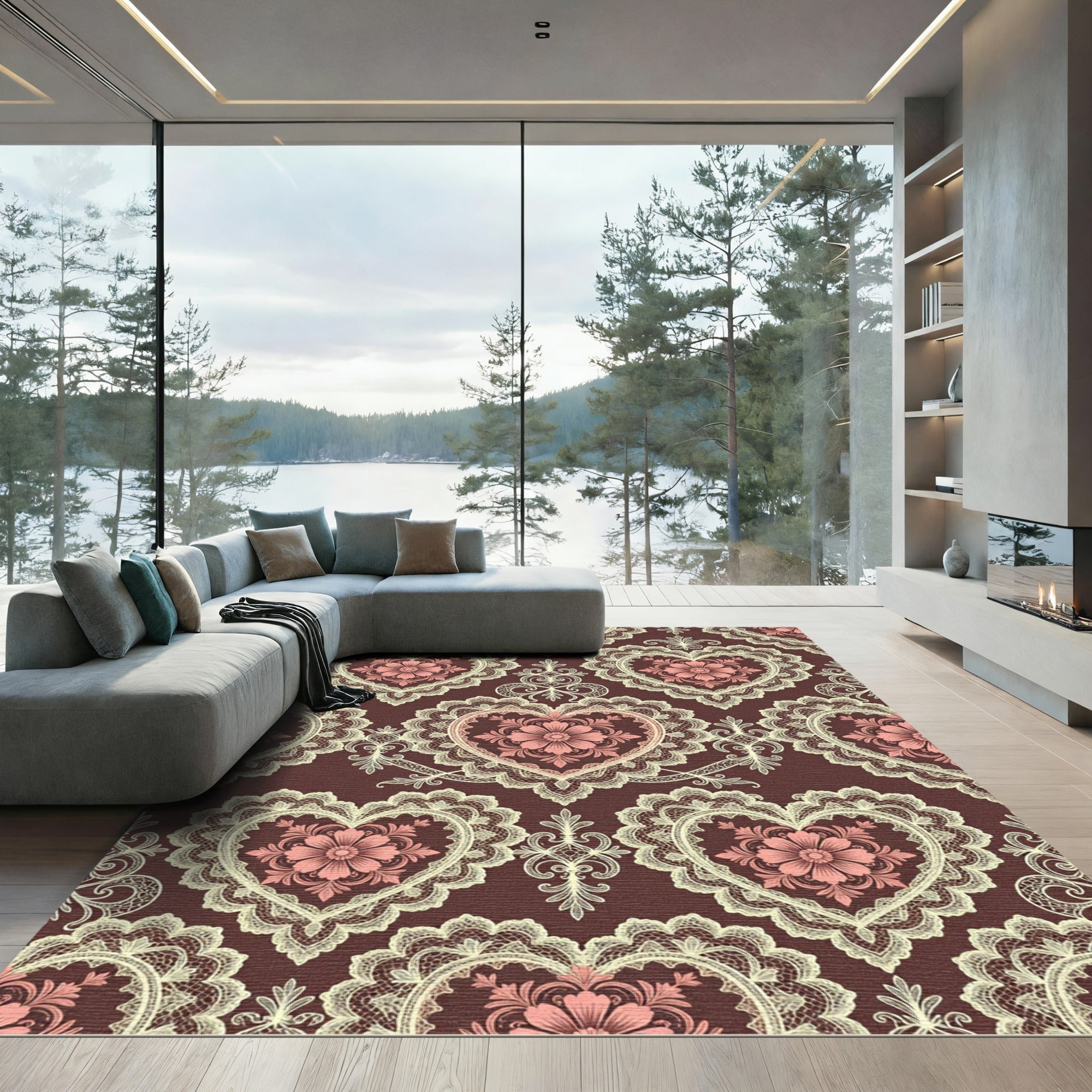 Romantic Pink Heart Lace Flourish Rug