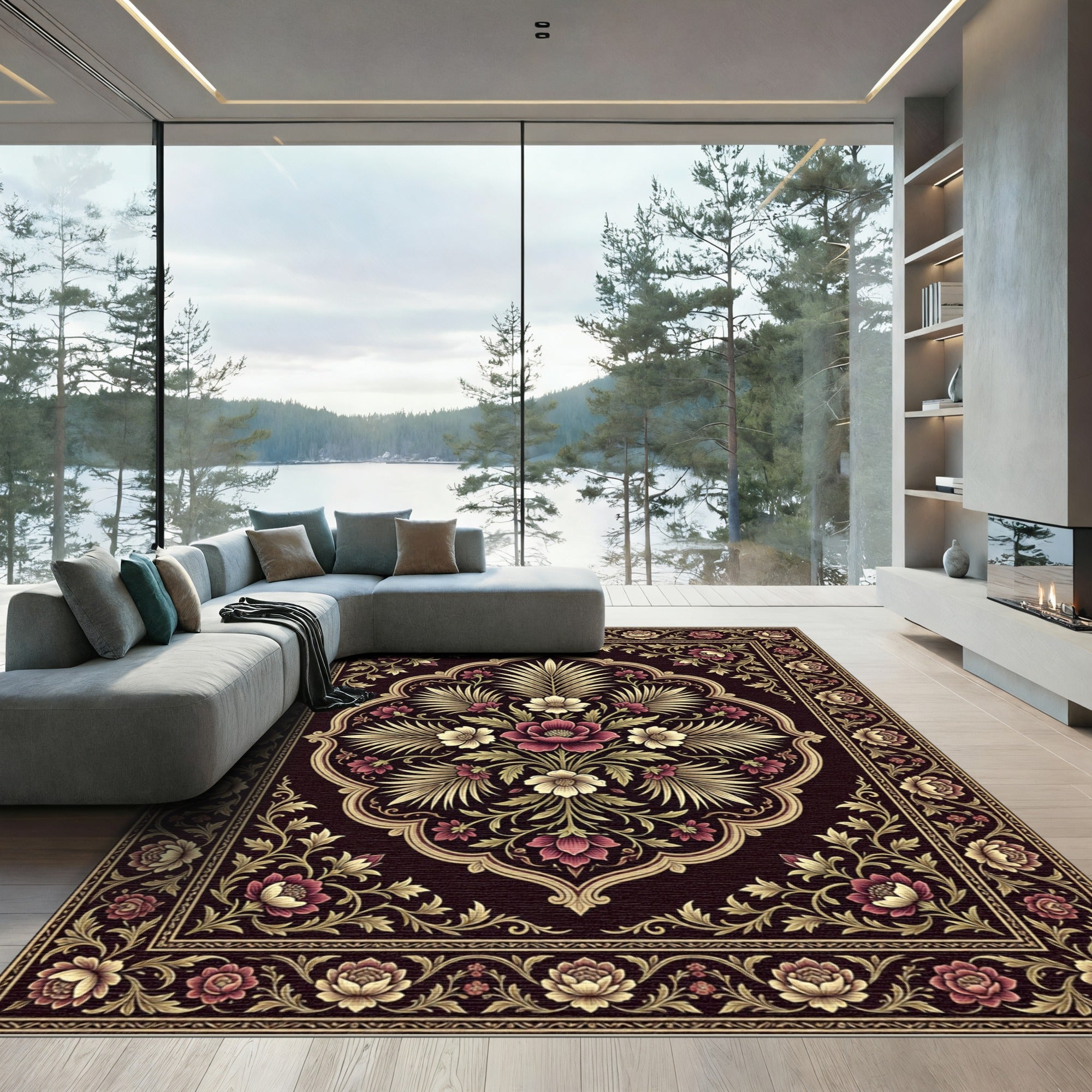 Elegant Burgundy Floral Symmetry Area Rug