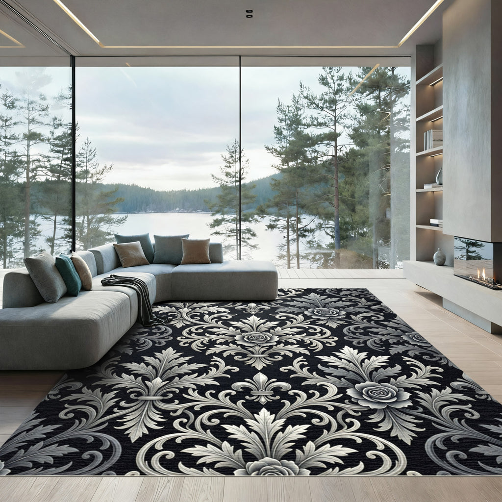 Black Silver Damask Rose Foliage Scrolls Rug
