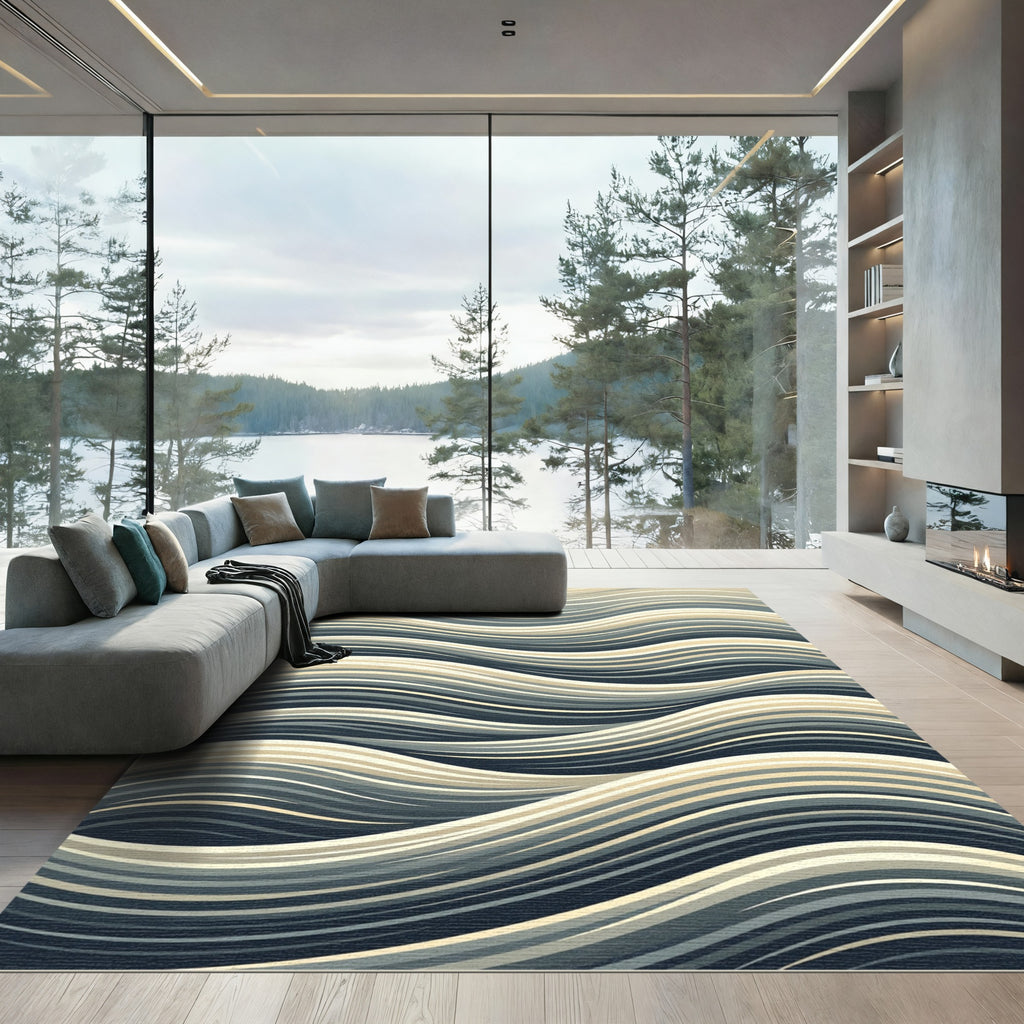 Modern Neutral Blue Swelling Wave Rug