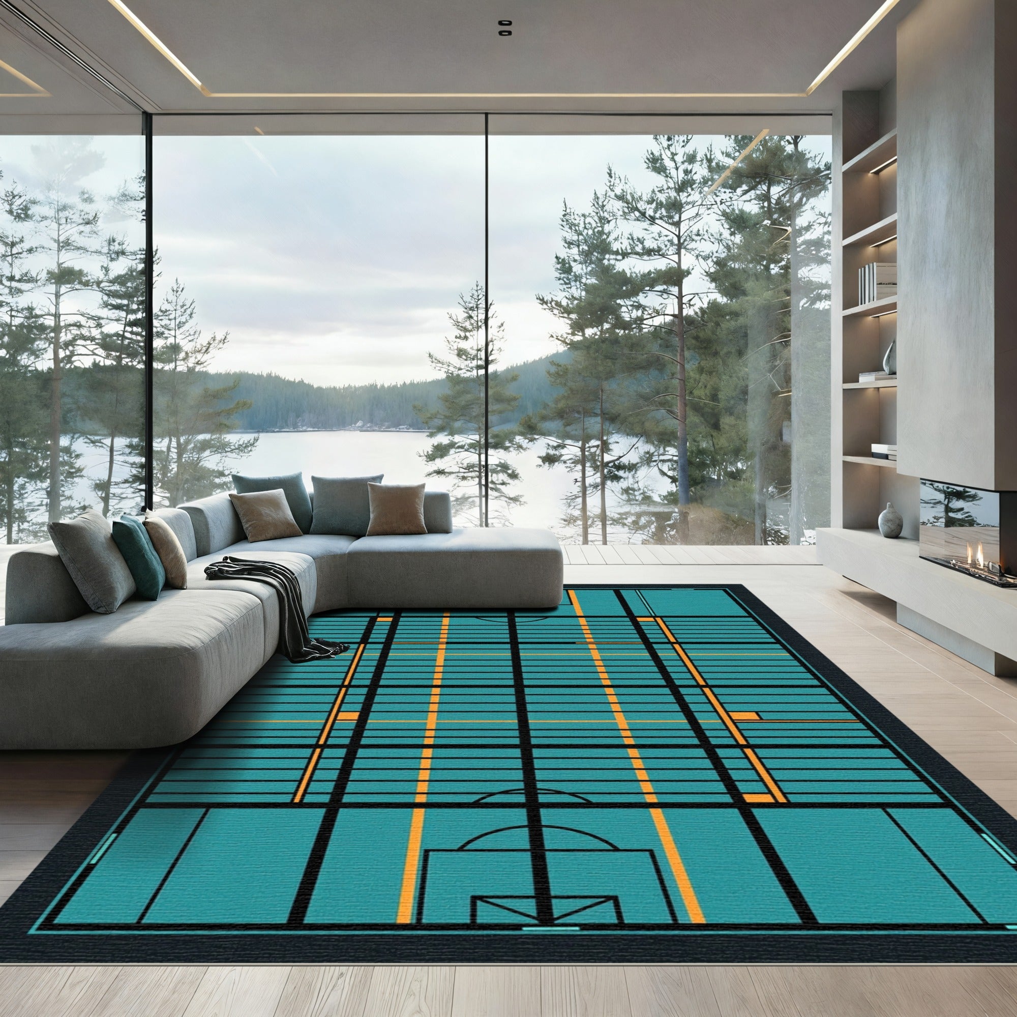 Modern Teal Grid Geometric Floor Art Rug