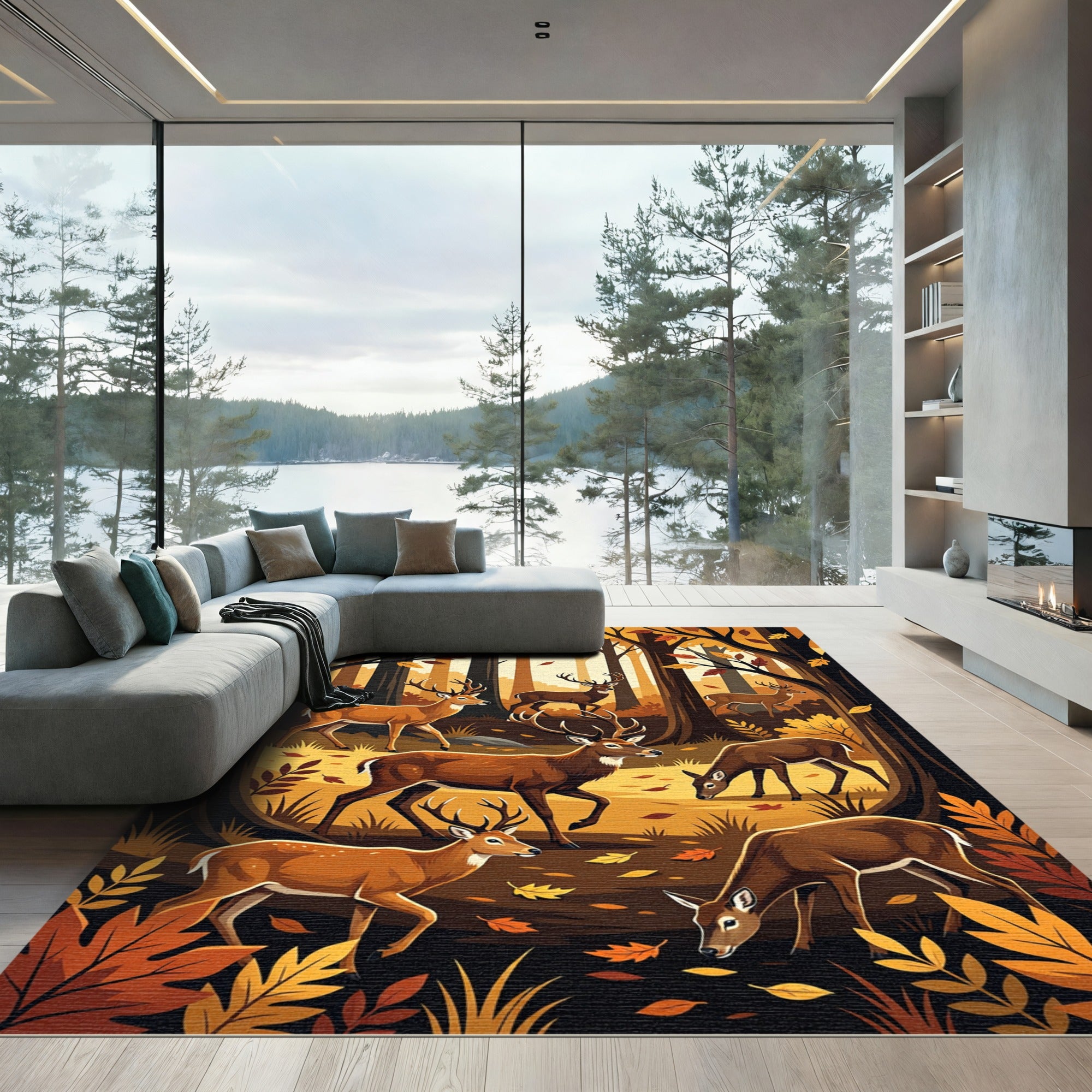 Golden Autumn Forest Deer Scene Rug