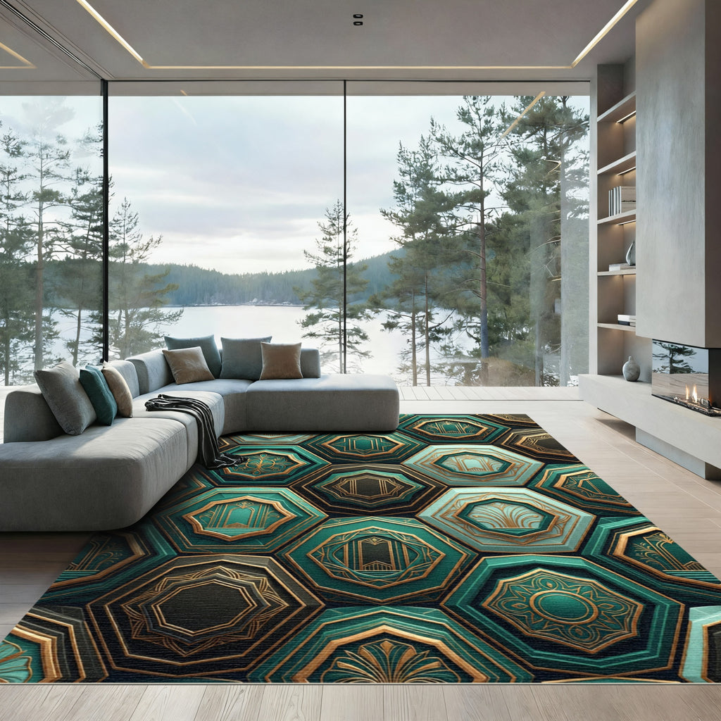 Emerald Art Deco Geometric Hexagon Rug