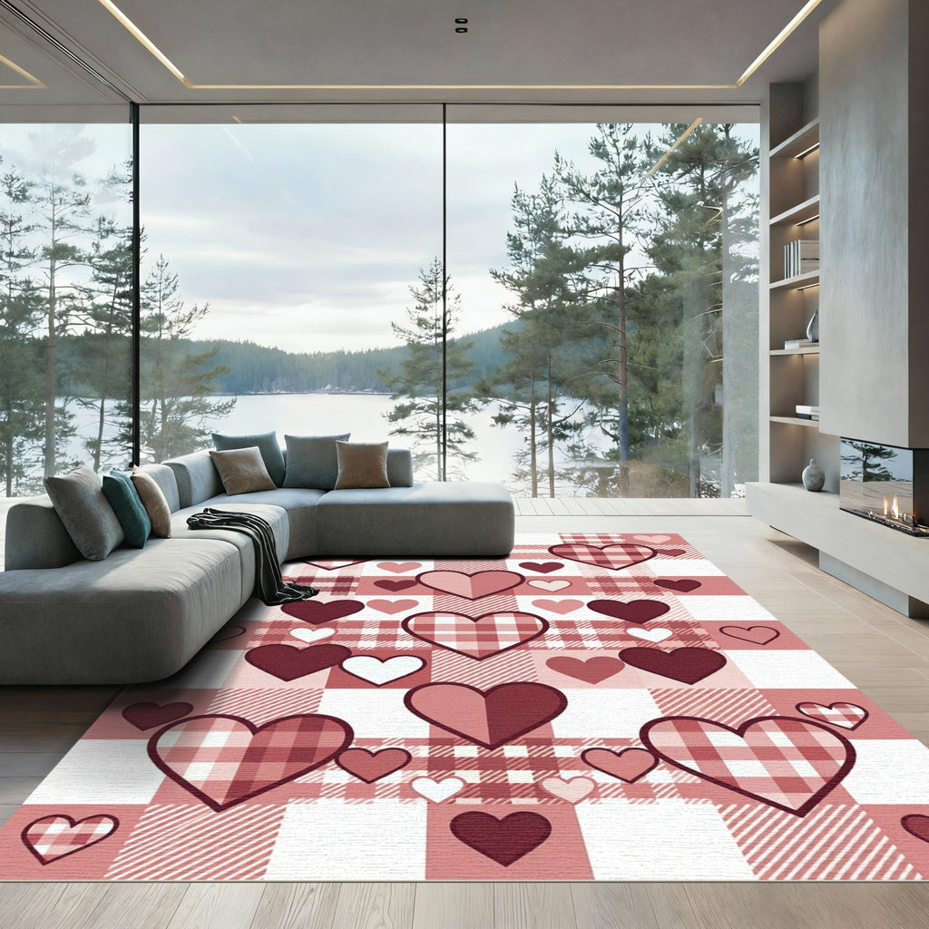 Romantic Pink Plaid Hearts Rug