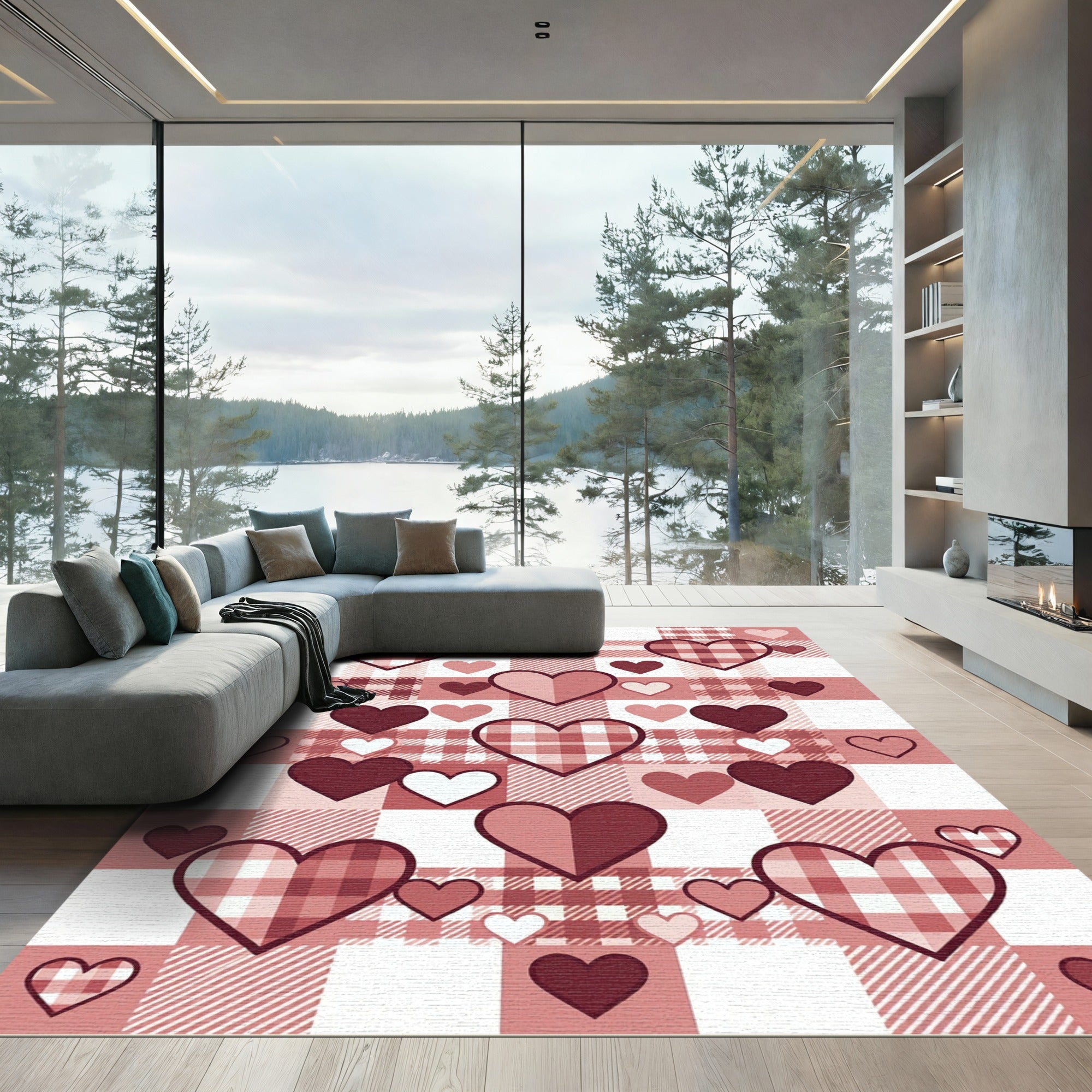 Romantic Pink Plaid Hearts Rug