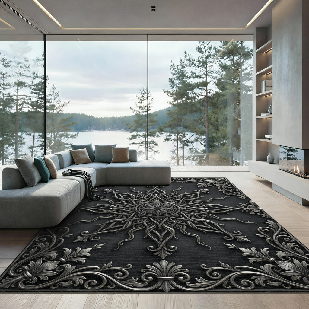 Luxurious Silver Ornate Filigree Medallion Rug