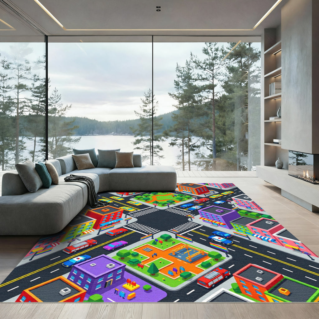 Vibrant Isometric City Streetscape Grid Rug