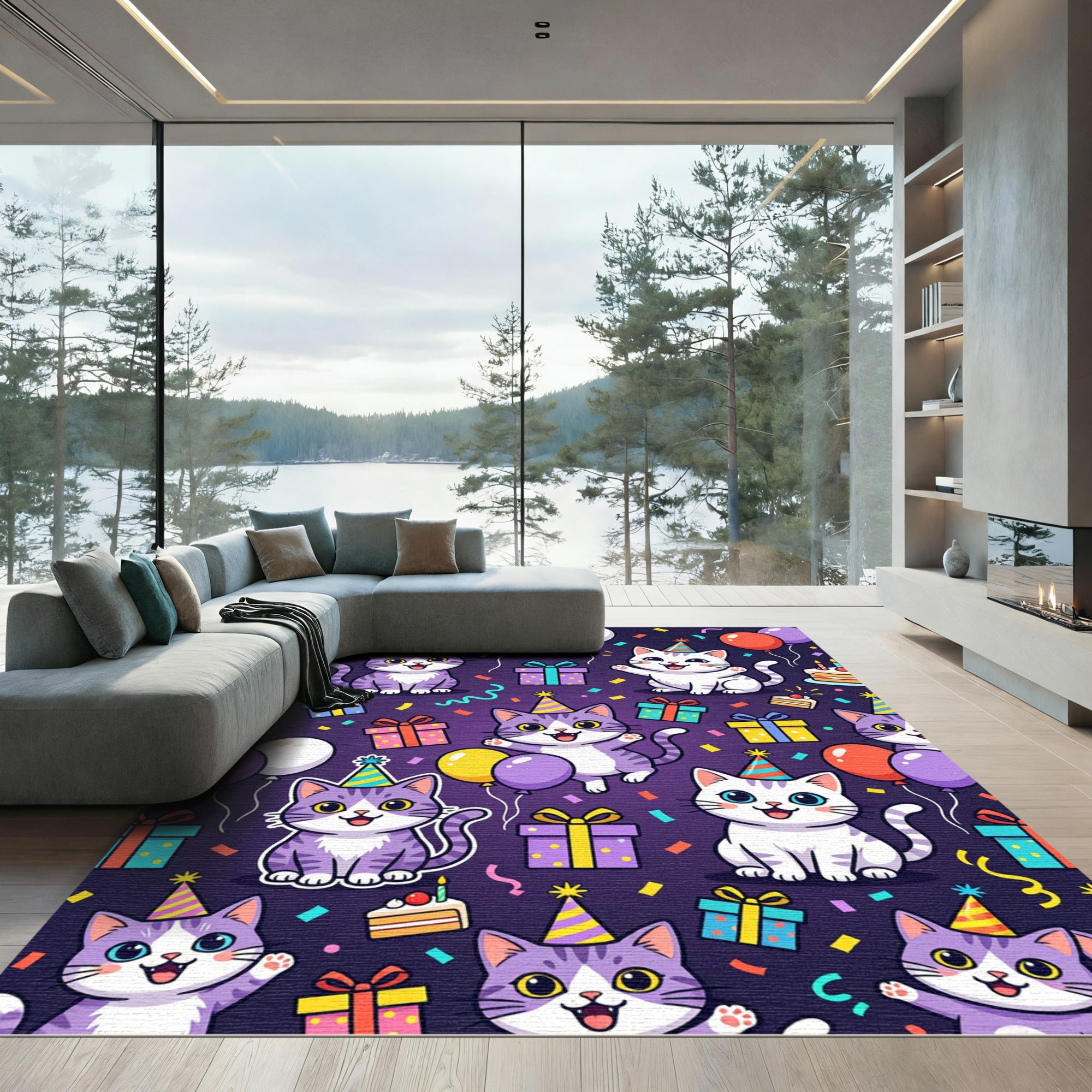 Happy Kawaii Birthday Cats Celebration Rug