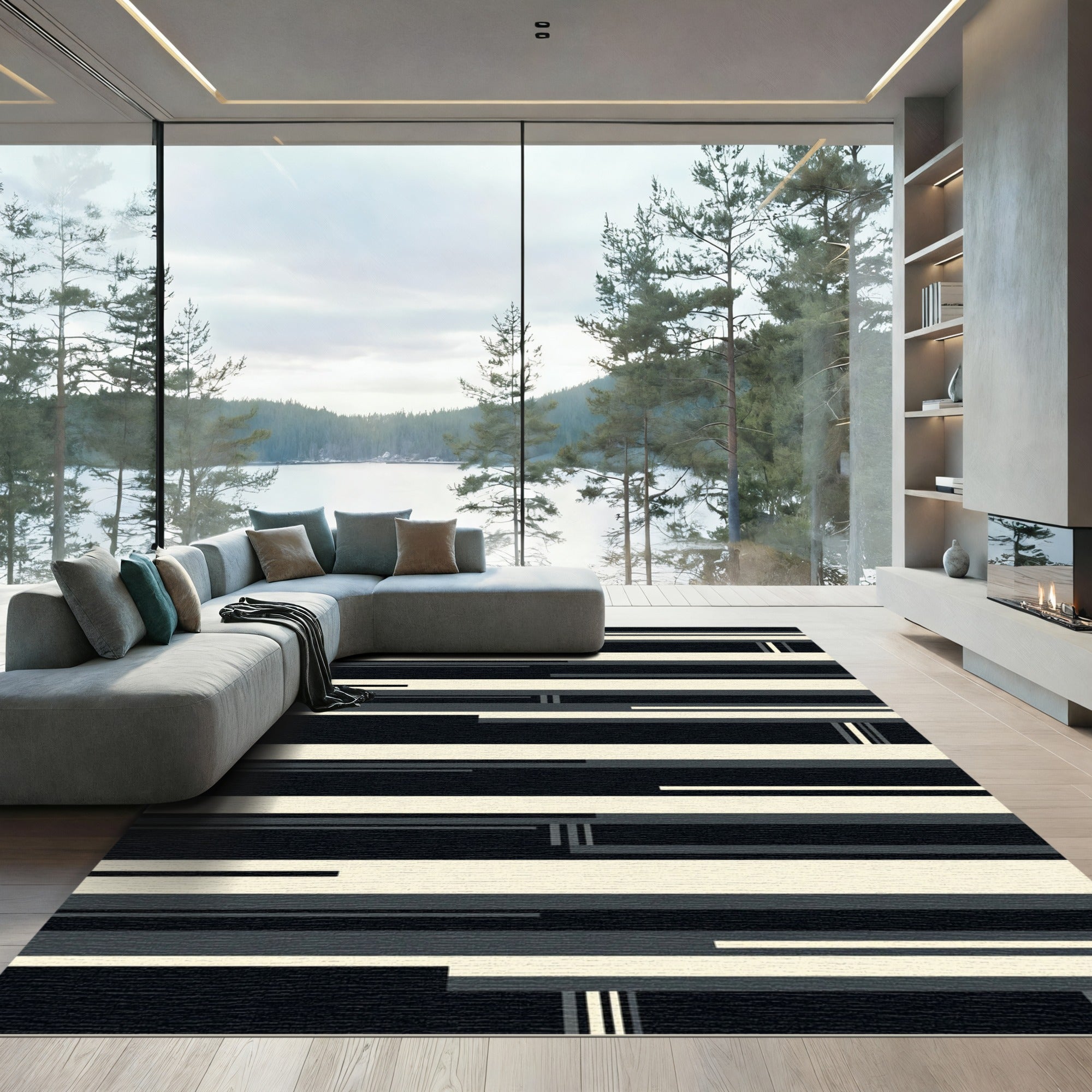 Minimalist Monochrome Horizontal Geometric Lines Rug