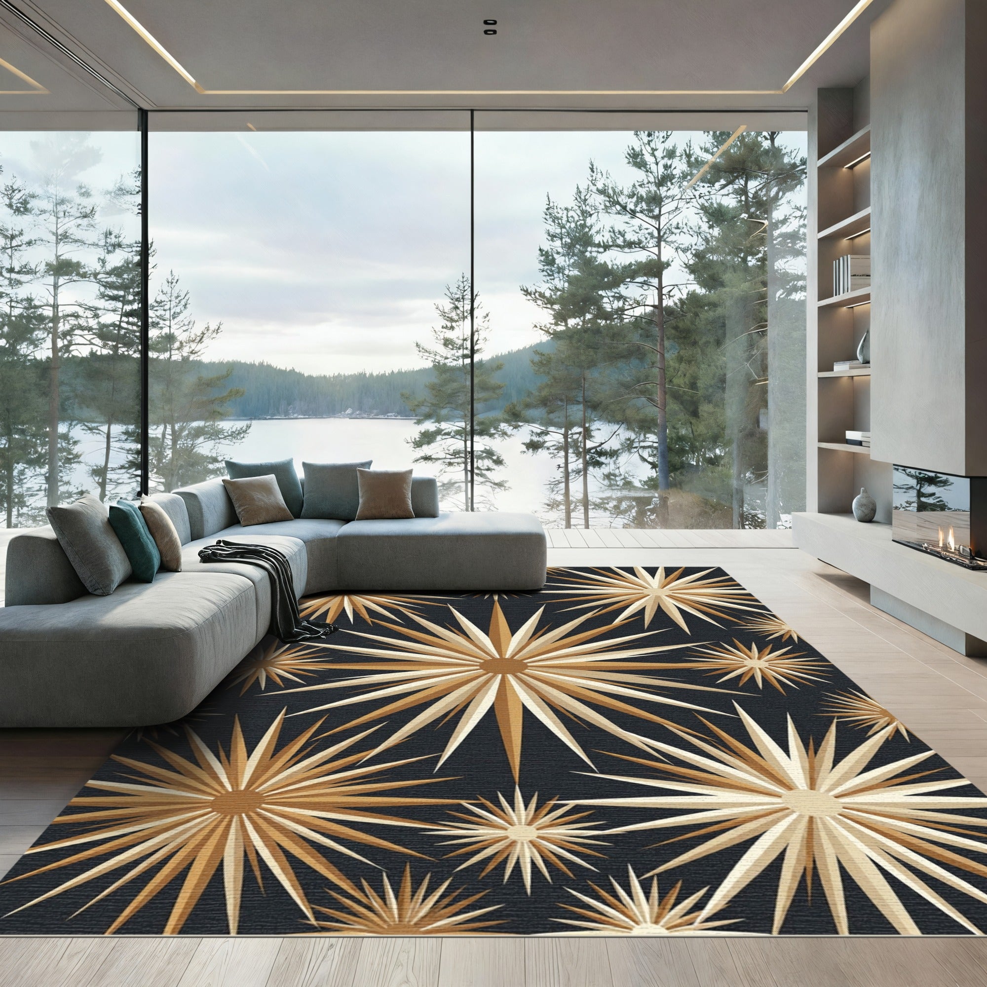 Golden Starburst Radiating Bloom Rug