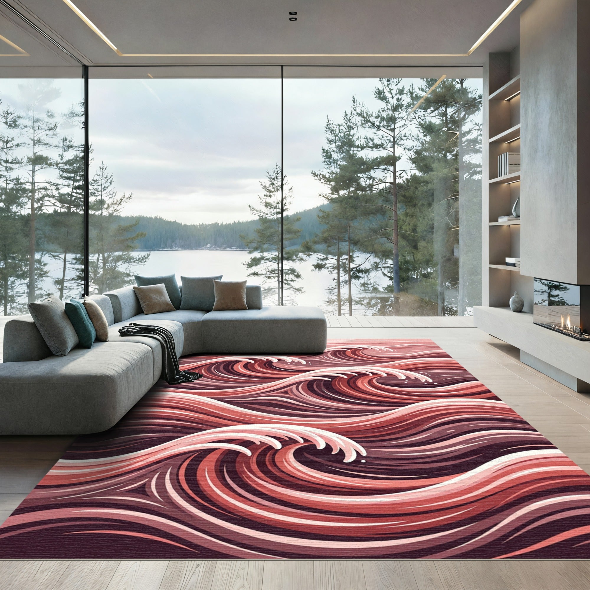 Crimson Abstract Flowing Wave Rug