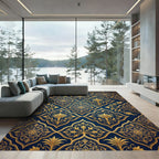 Golden Floral Damask Navy Medallion Rug