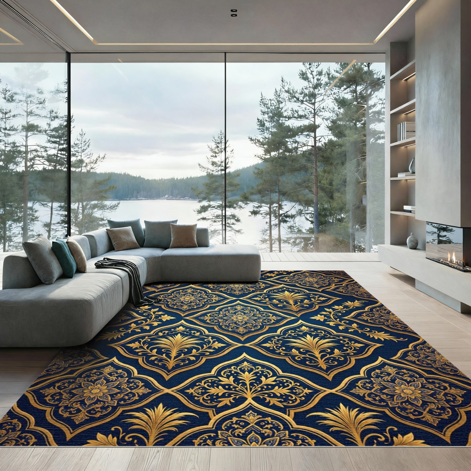 Golden Floral Damask Navy Medallion Rug