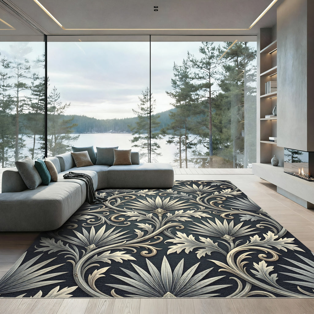 Sophisticated Charcoal Gray Ornate Fan Scroll Rug