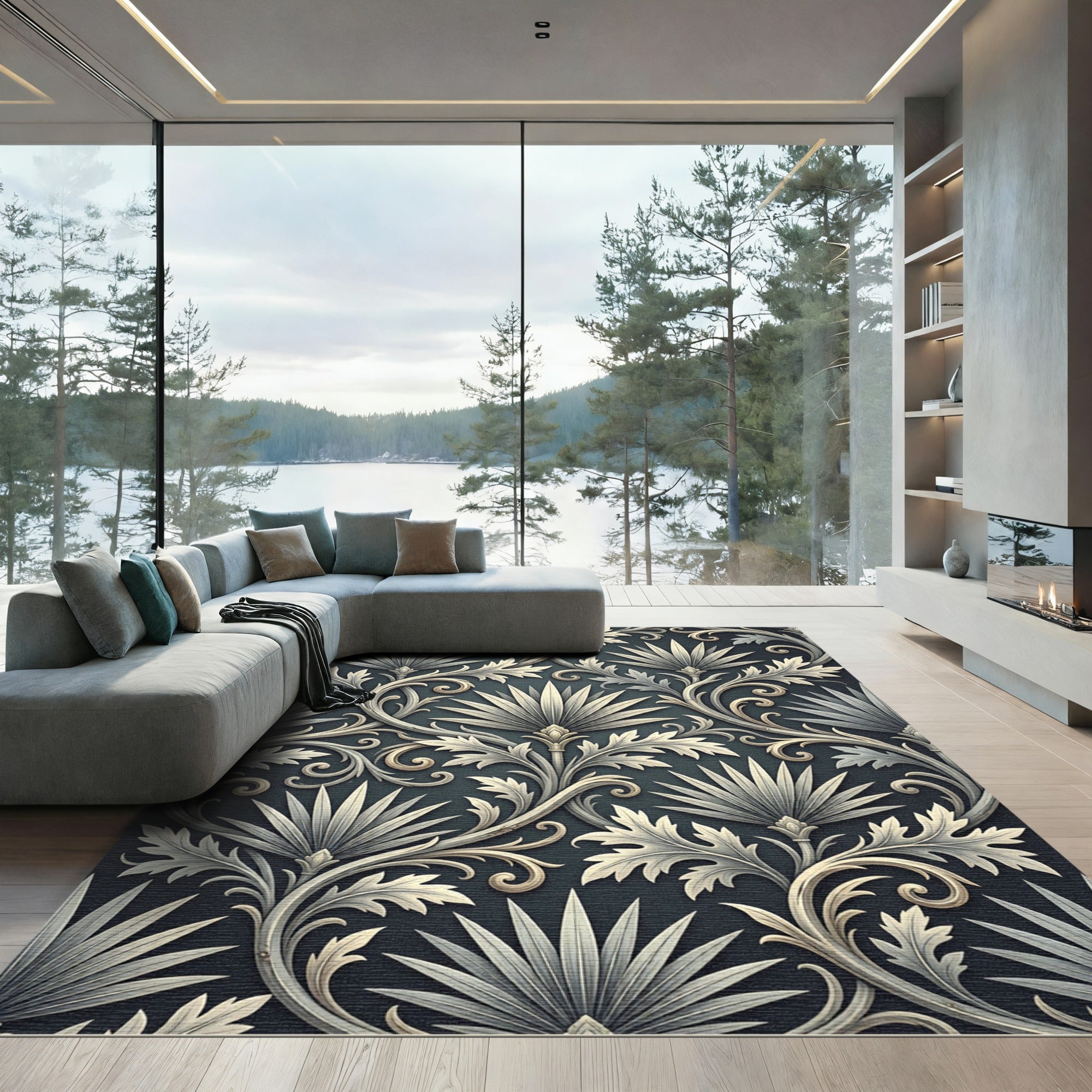 Sophisticated Charcoal Gray Ornate Fan Scroll Rug