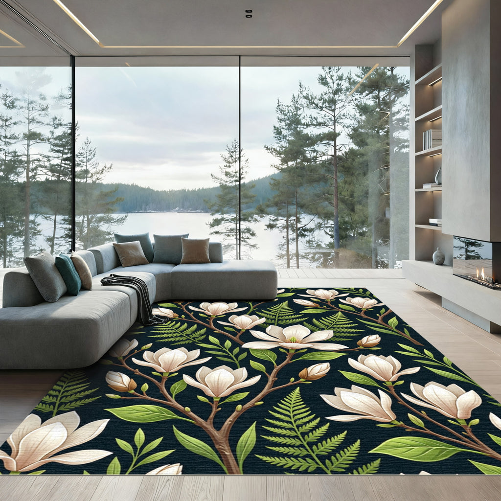 Dark Navy White Magnolia Branch Rug