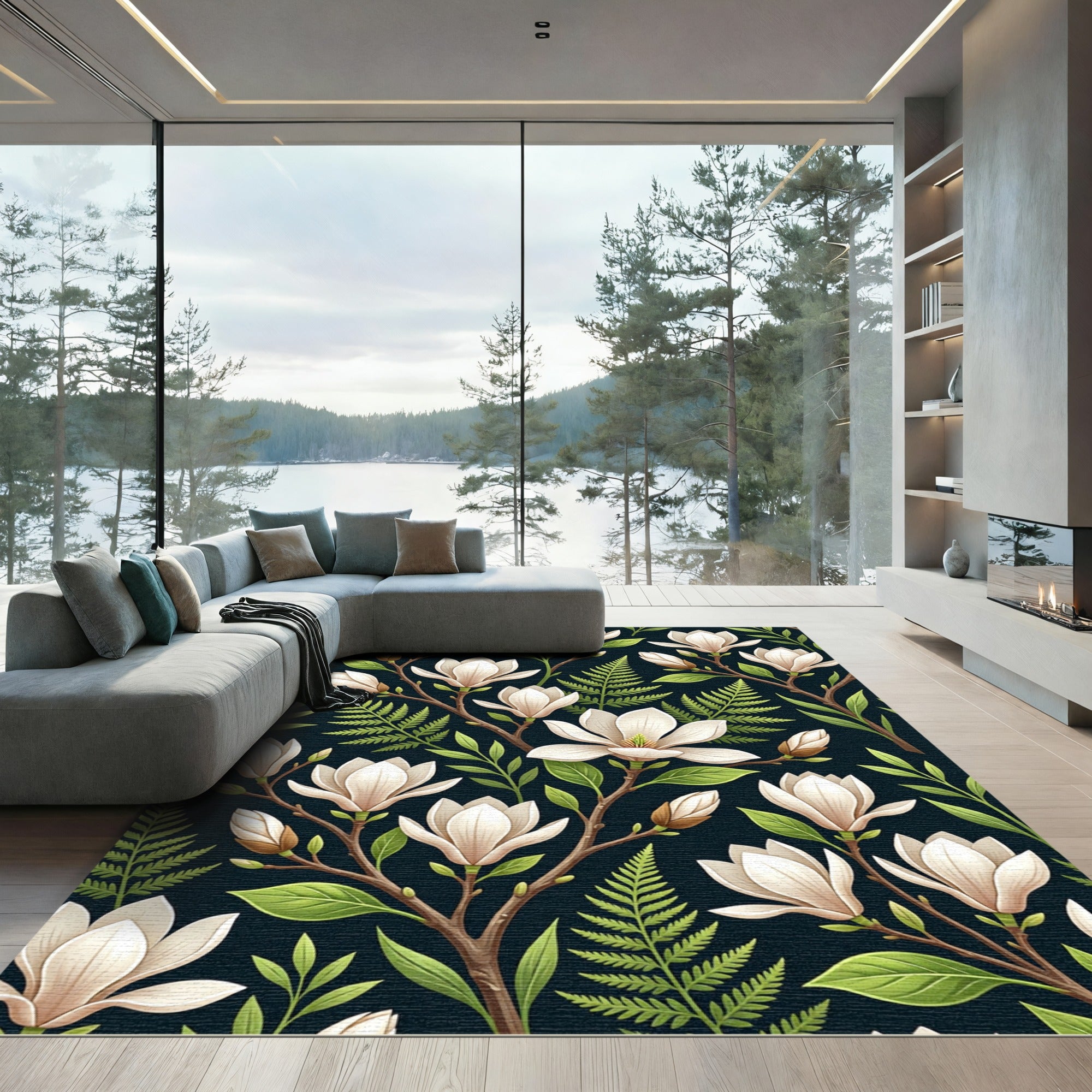 Dark Navy White Magnolia Branch Rug