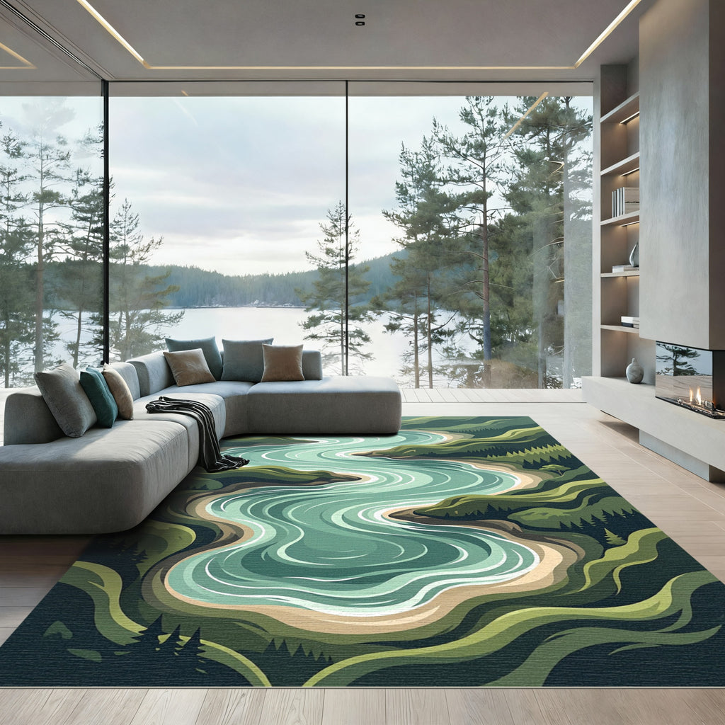 Serene Emerald Winding River Landscape Rug