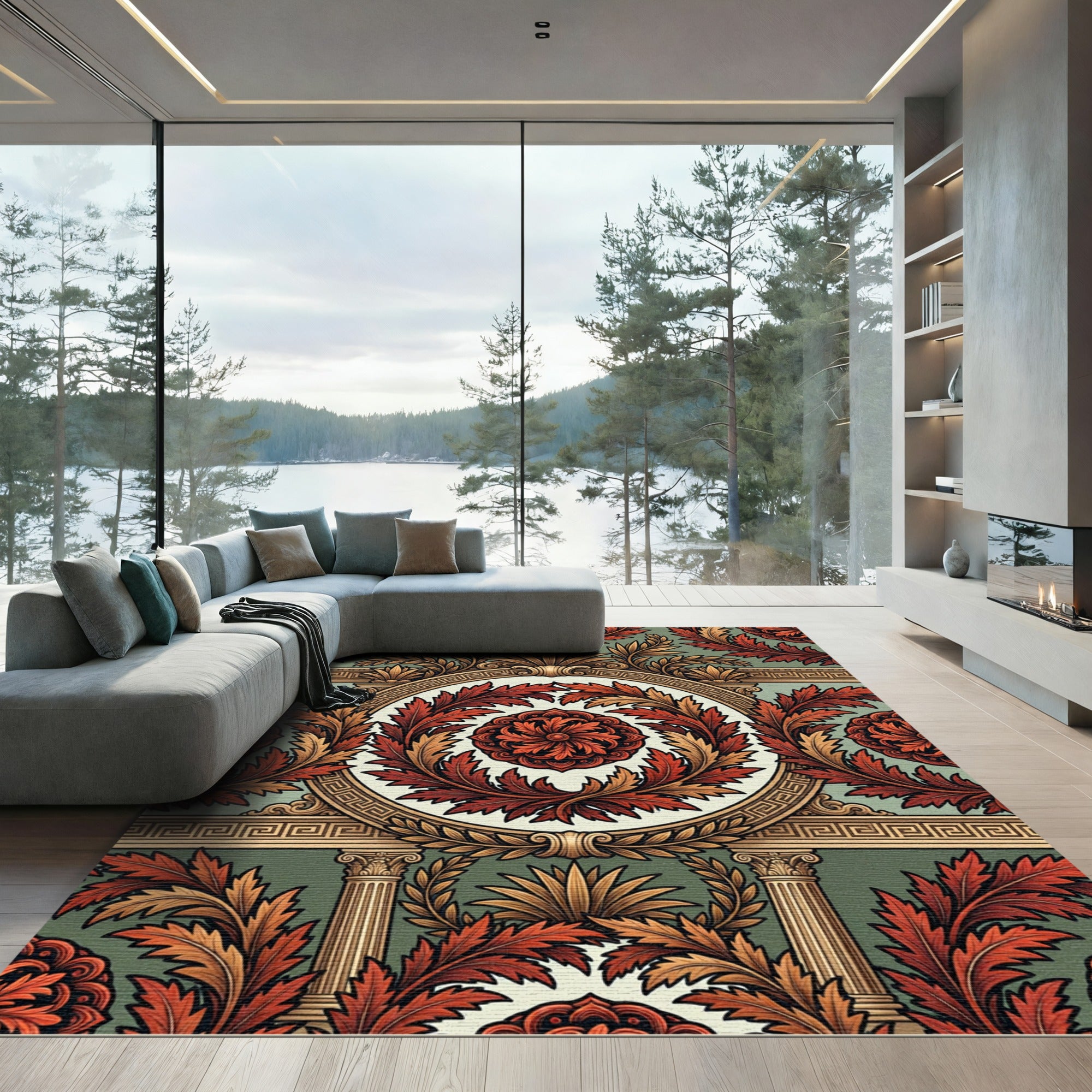 Crimson Acanthus Laurel Border Rug