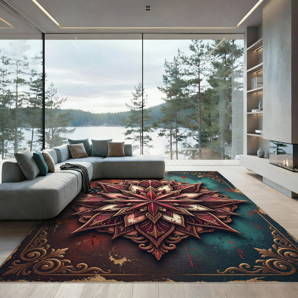 Ornate Crimson Teal Mandala Medallion Rug