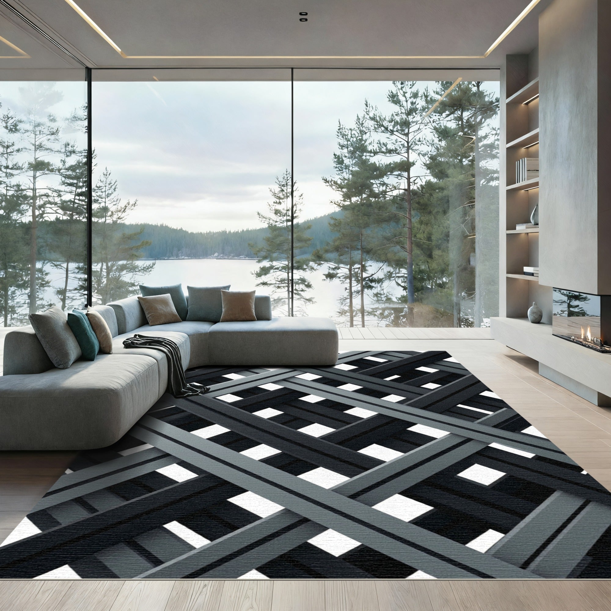Modern Monochrome Intersecting Grid Rug