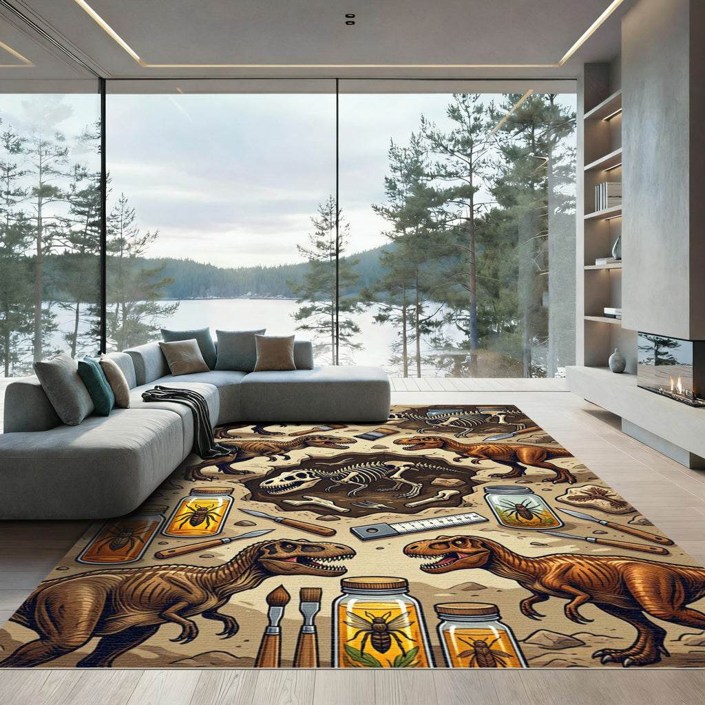 Prehistoric Fossil Dinosaur Excavation Earth Tones Rug