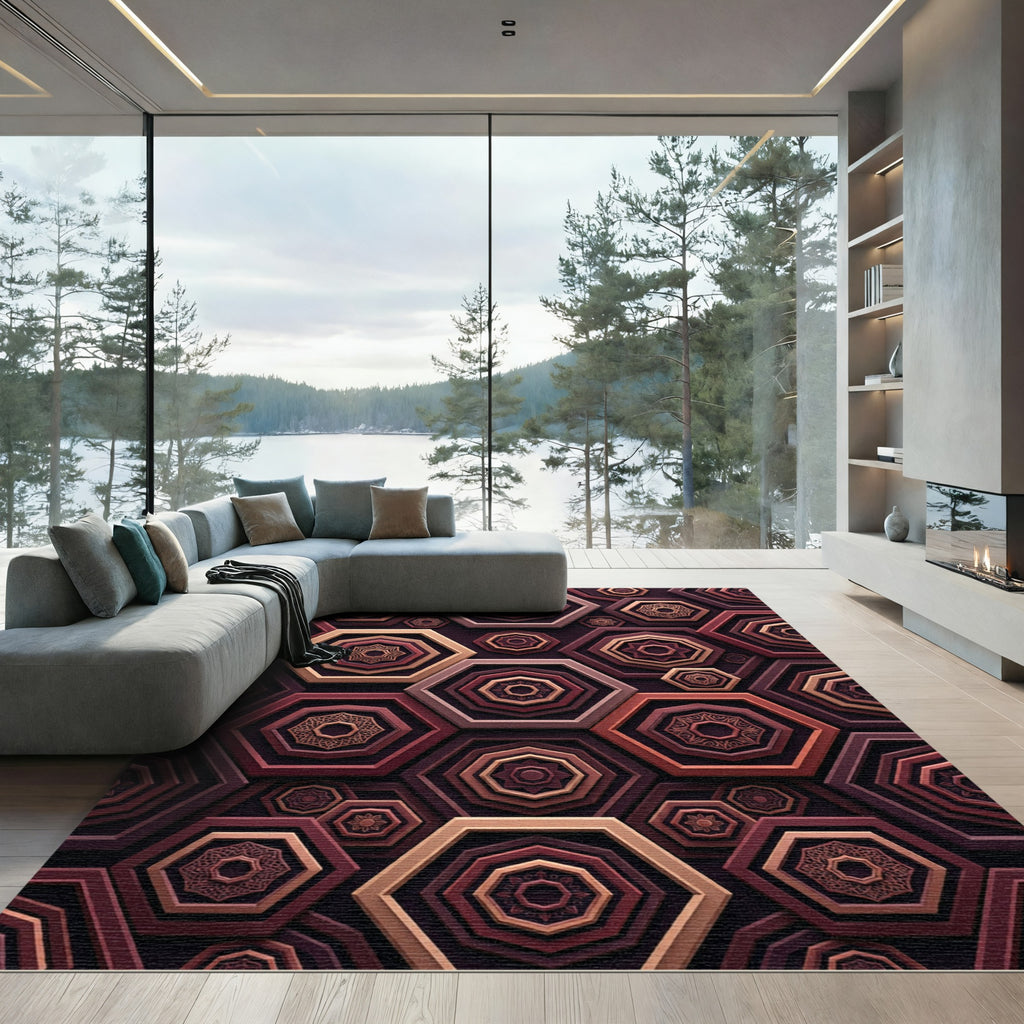 Geometric Crimson Octagon Hexagon Layered Art Rug