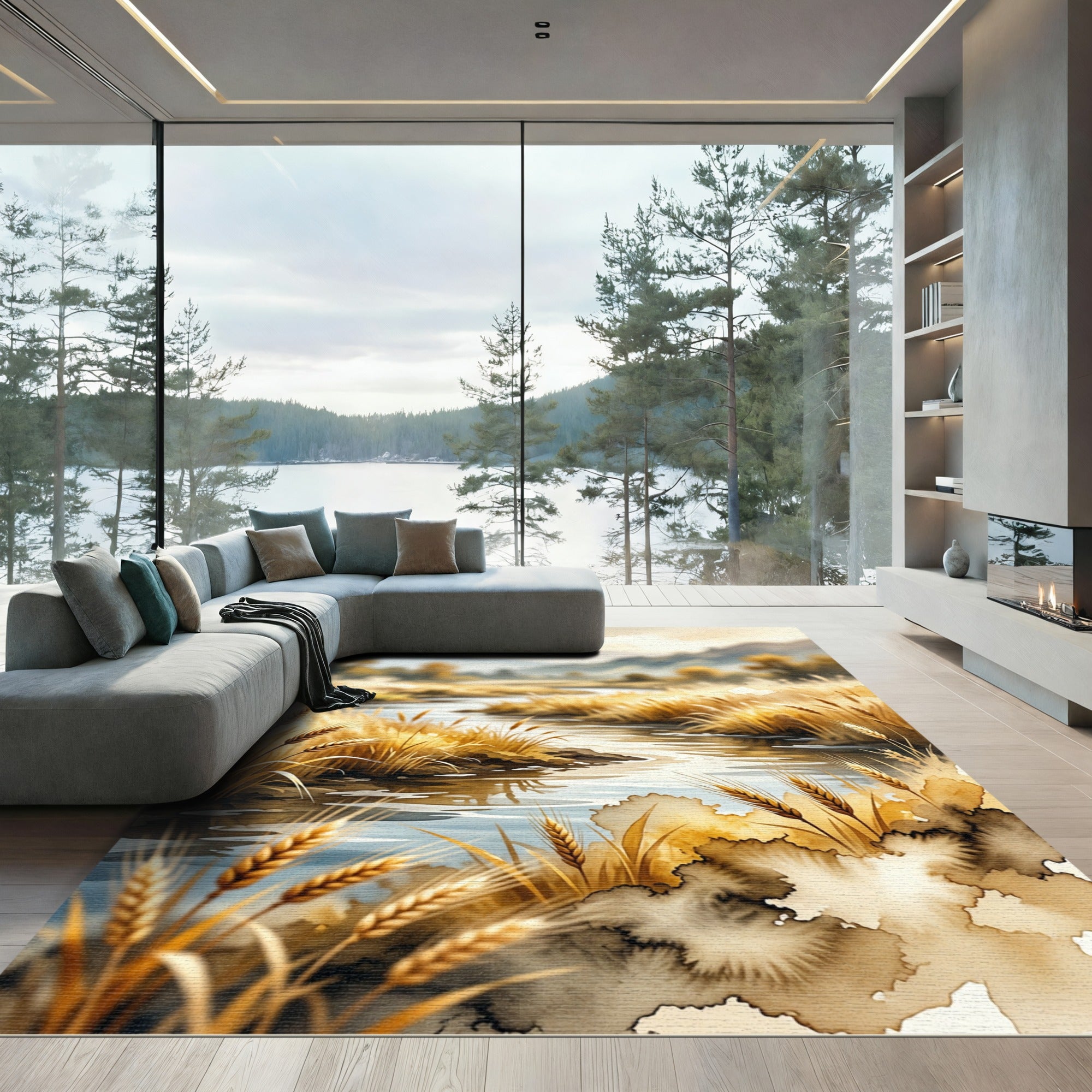Golden Wheat Field Landscape Watercolor Rug