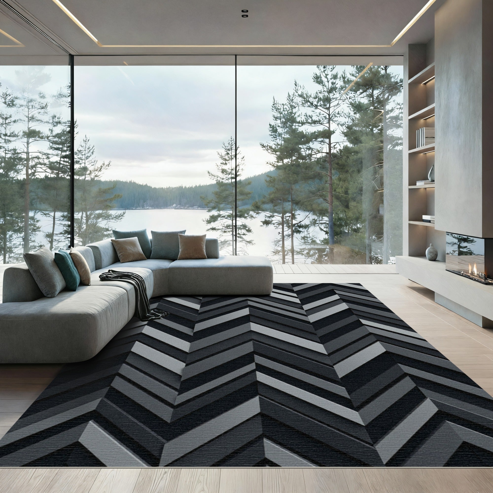 Modern Charcoal Chevron Geometric Rug