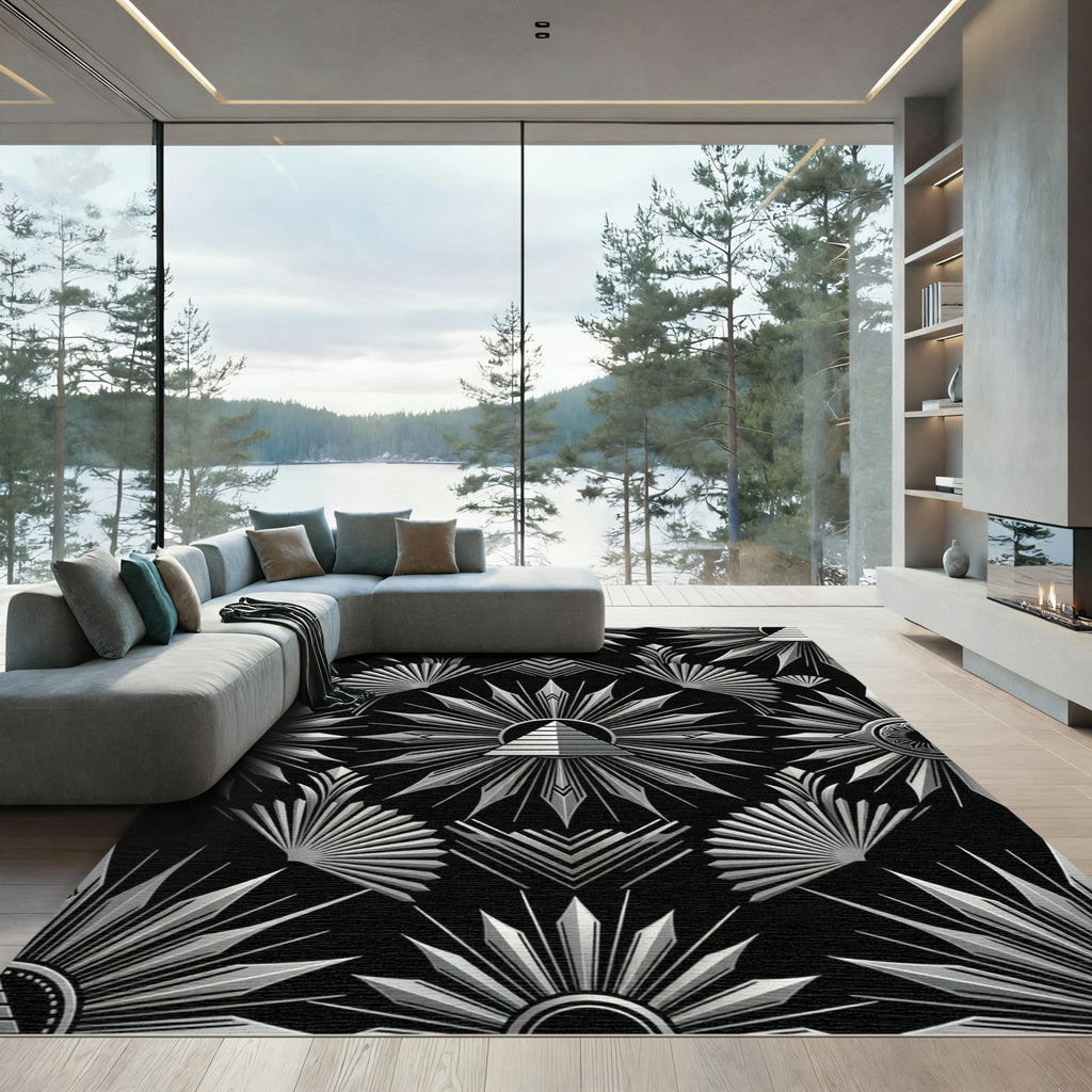 Art Deco Sunburst Pyramid Silver Rug