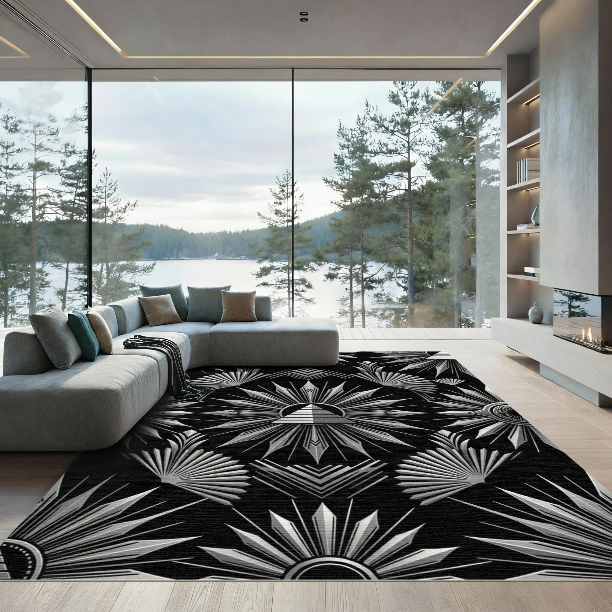 Art Deco Sunburst Pyramid Silver Rug