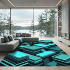 Cyan Geometric Isometric Architectural Blocks Rug
