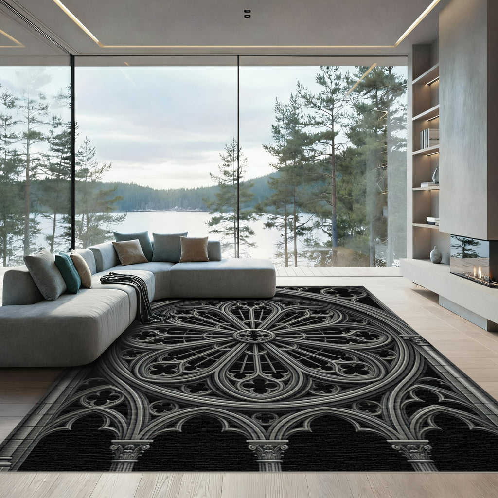 Gothic Monochrome Architectural Rose Circular Rug