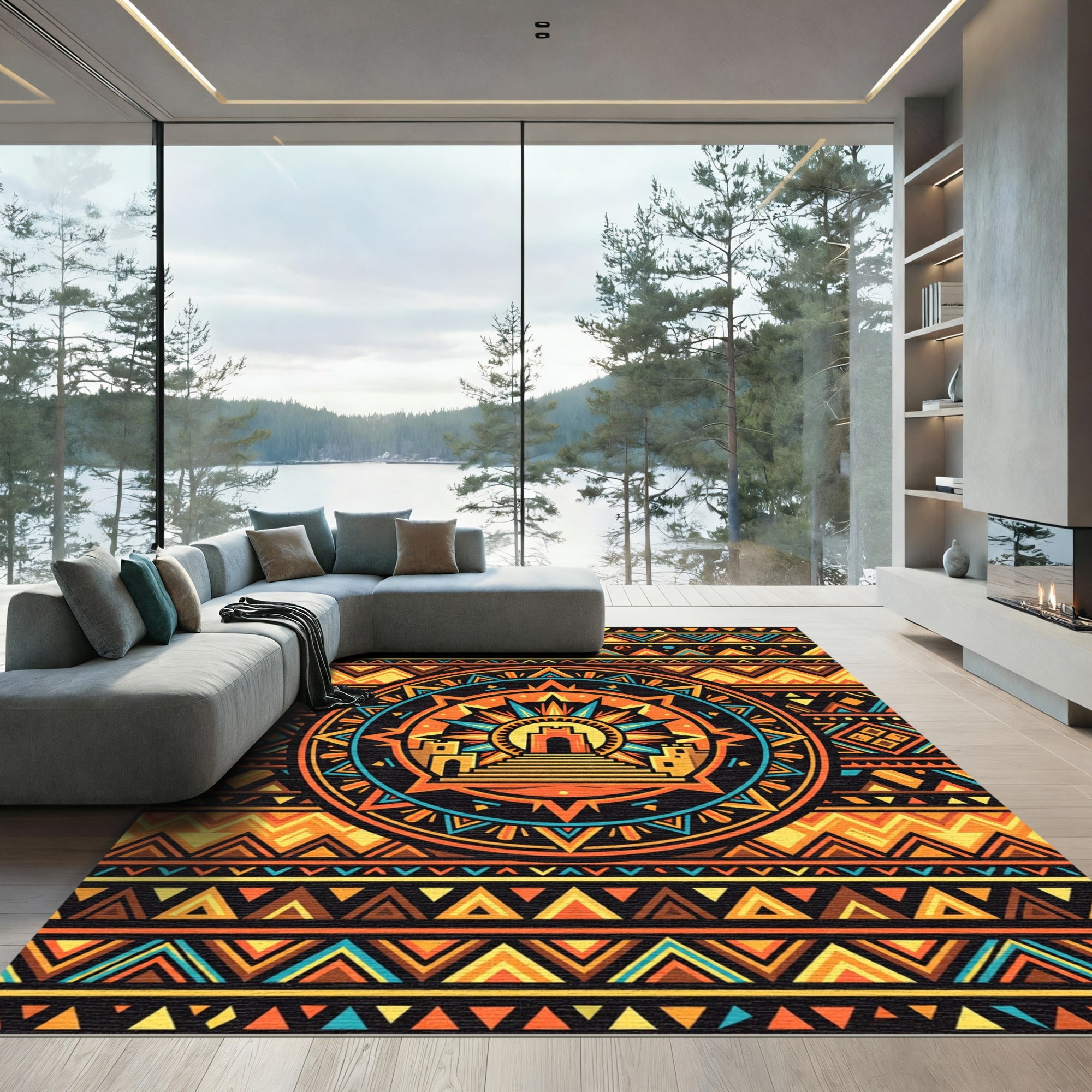 Vibrant Aztec Sun Temple Geometric Wall Rug