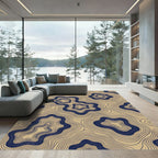 Navy Blue And Beige Topographic Lines Rug