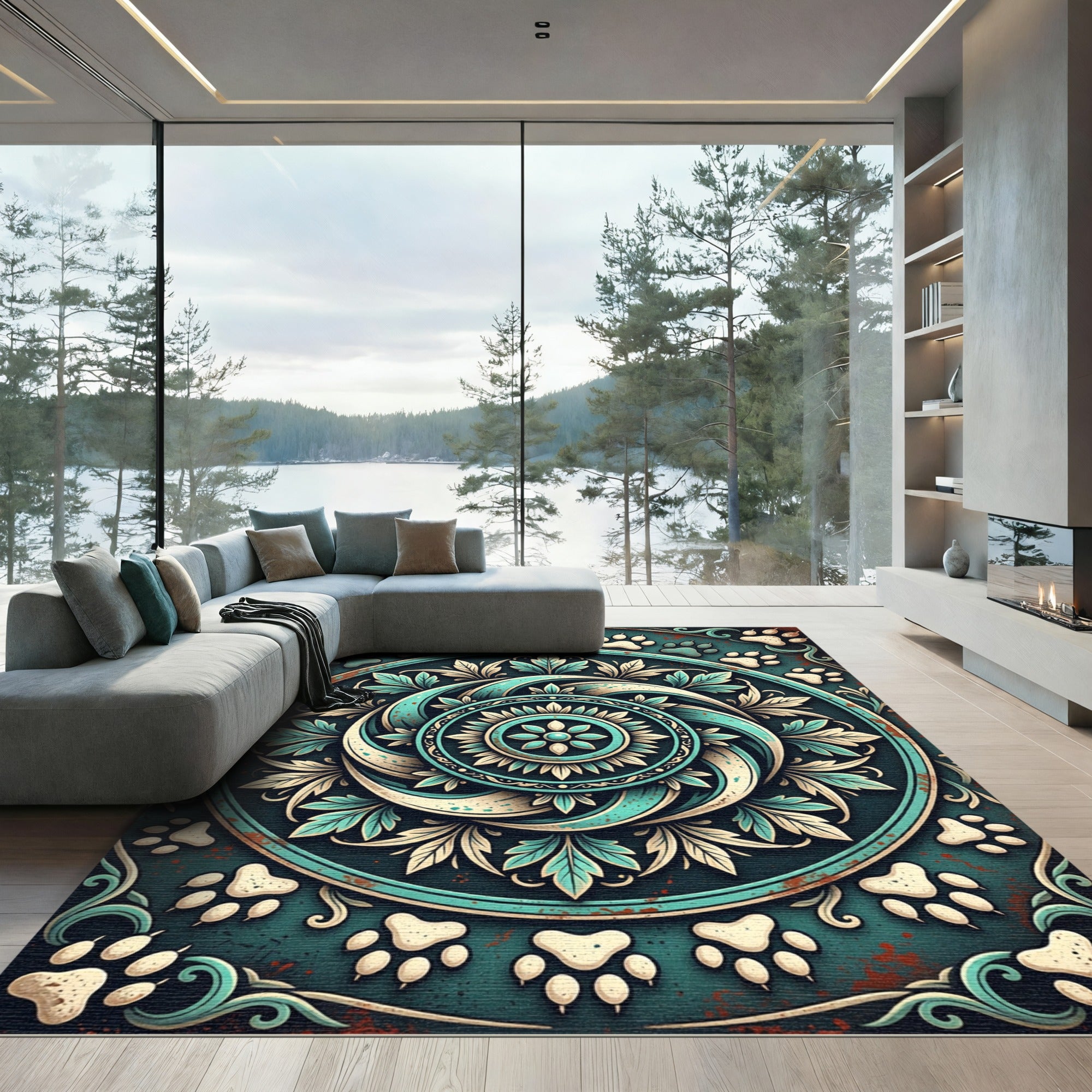 Teal Paw Print Mandala Scroll Rug